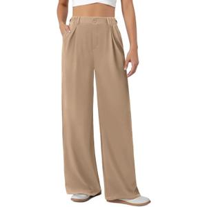 COPYLEAF Womens Dress Pants Wide Leg Stretchy Work Pants with Pockets Elastic Waist Pleated Front Business Casual Slacks(Light Coffee XL)