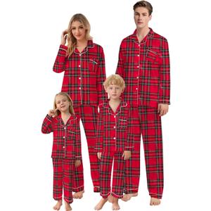 Schbbbta Christmas Family Silk Pajamas Matching Sets Long Sleeve Pj Set Satin Button Down Holiday Sleepwear (13-14 Years, Bright Scotland Plaid)
