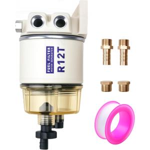 R12T Marine Fuel Water Separator Filter Kit, 10 Micron Replacement for S3240 120AT 18-7987 NPT ZG1/4-19, Fits Gasoline and Diesel Outboard Engines, Includes 2 Fittings and 2 Plugs