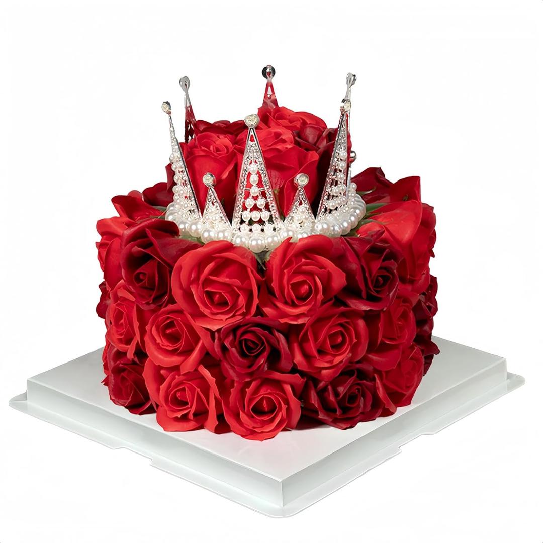 EIGHTOWN Birthday Gift for Her with Crown - Forever Cake with Red Preserved Flowers - Bouquet Preserved Roses for Women (Red) (Red)
