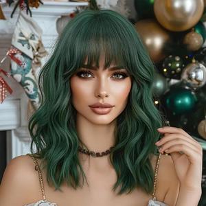 NAYOO Dark Green Wig with Bangs, 14 Inch Bob Wig with Bangs, Shoulder Length Green Short Wig for Daily Party Use