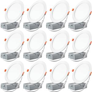 12 Pack Recessed Lighting 6 Inch LED Ceiling Lights with Junction Box, 6000K Canless Recessed LED Can Lights, 12W 110W Eqv, 1050LM High Brightness LED Lights