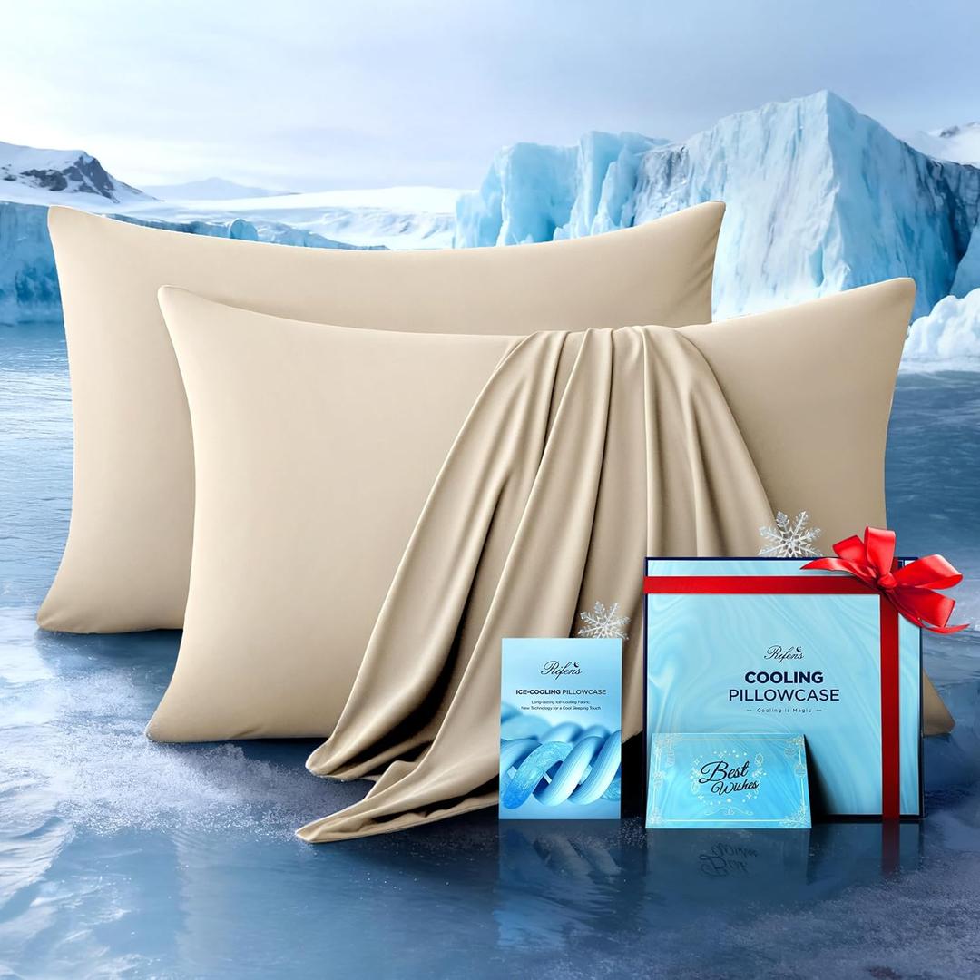 Ultra-Chill Cooling Pillowcase Set of 2 for Hot Sleepers, Softer Than Silk Pillow Cases for Protecting Hair & Skin, Breathable Bed Pillow Covers w/Zipper, Gifts for Women Men(Beige, King)
