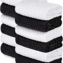 Wealuxe Premium 12 Pack Cotton Dobby Weave Kitchen Towels, Black/White, 15x26 Inches, 410 GSM, Machine Washable