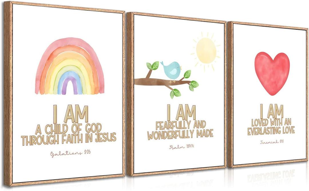 FTQYQLD Bible Verse Wall Art for Nursery - Set of 3 Watercolor Christian Posters - I Am A Child of God Scripture Prints - Religious Baby Room Decor for Boys Girls Bedroom Playroom - 12x16in