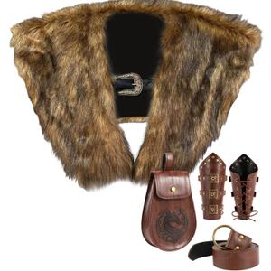 Adults Viking Costume Accessories 5 Pcs Men Medieval Cloak with Viking Faux Fur Shawl, Arm Guard Bracelets, Belt and Pouch for Halloween Larp Carnival TV Movies