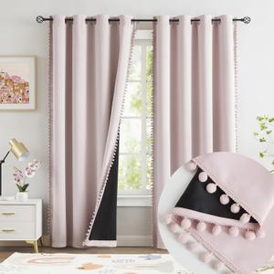 Jubilantex Blush Pink Blackout Curtains Nursery Curtains Blackout Window Treatments 95" Long Grommet Top 2 Panels for Girls Kids Bedroom, 52" Wide (01# Pom / Pink)