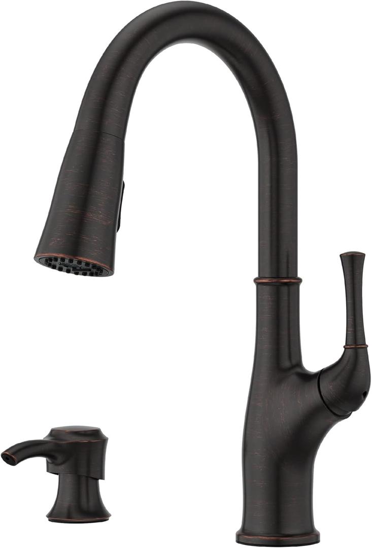 Pfister Alderwood Kitchen Faucet with Pull Down Sprayer and Soap Dispenser Single Handle High Arc Spout NSF Certified Tuscan Bronze Finish 360-Degree Swivel F5297AWY