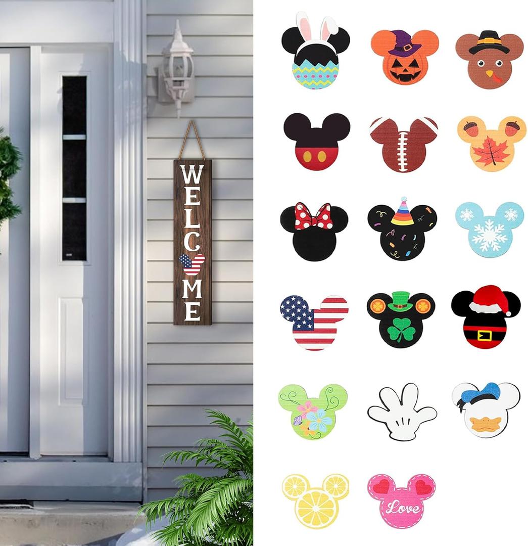 15.7'' Cute Mouse Seasonal Interchangeable Home Sign for Front Porch,18pcs Interchangeable Hanging Vertical Welcome Door Sign for Farmhouse/Wall/Porch Decor and Housewarming Gift