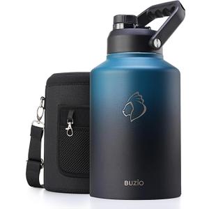 BUZIO 1 Gallon Water Bottle Insulated, (Cold for 48 Hrs) 128oz Large Stainless Steel Water Jug, 3.58in Big Wide Mouth Leak Proof Metal Flask with Carrying Sleeve for Camping,Gym, Hiking, Indigo Crush