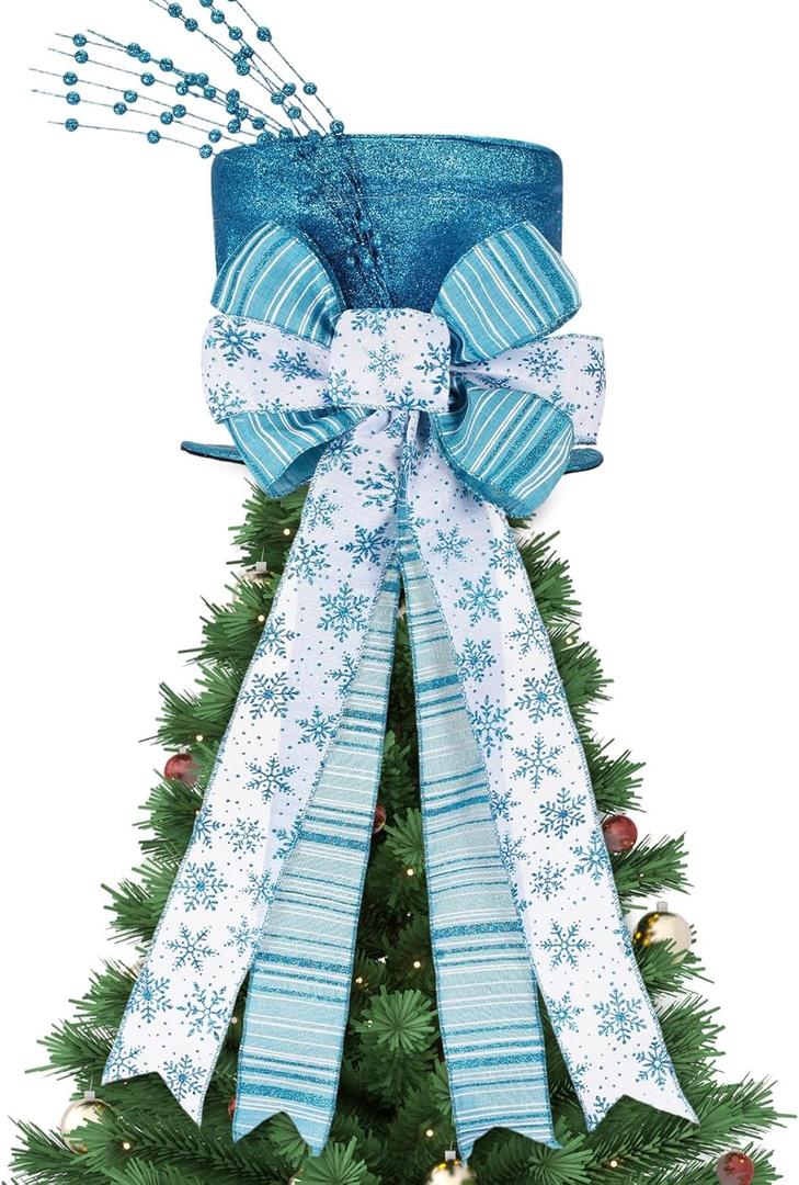 Christmas Tree Topper Hat Shiny Sequins Top Hat with Bow Lengthened Ribbon Tree Topper Santa Christmas Decorations for Xmas Gift Ideas Holiday Winter Party Ornament Supplies (Lake Blue)