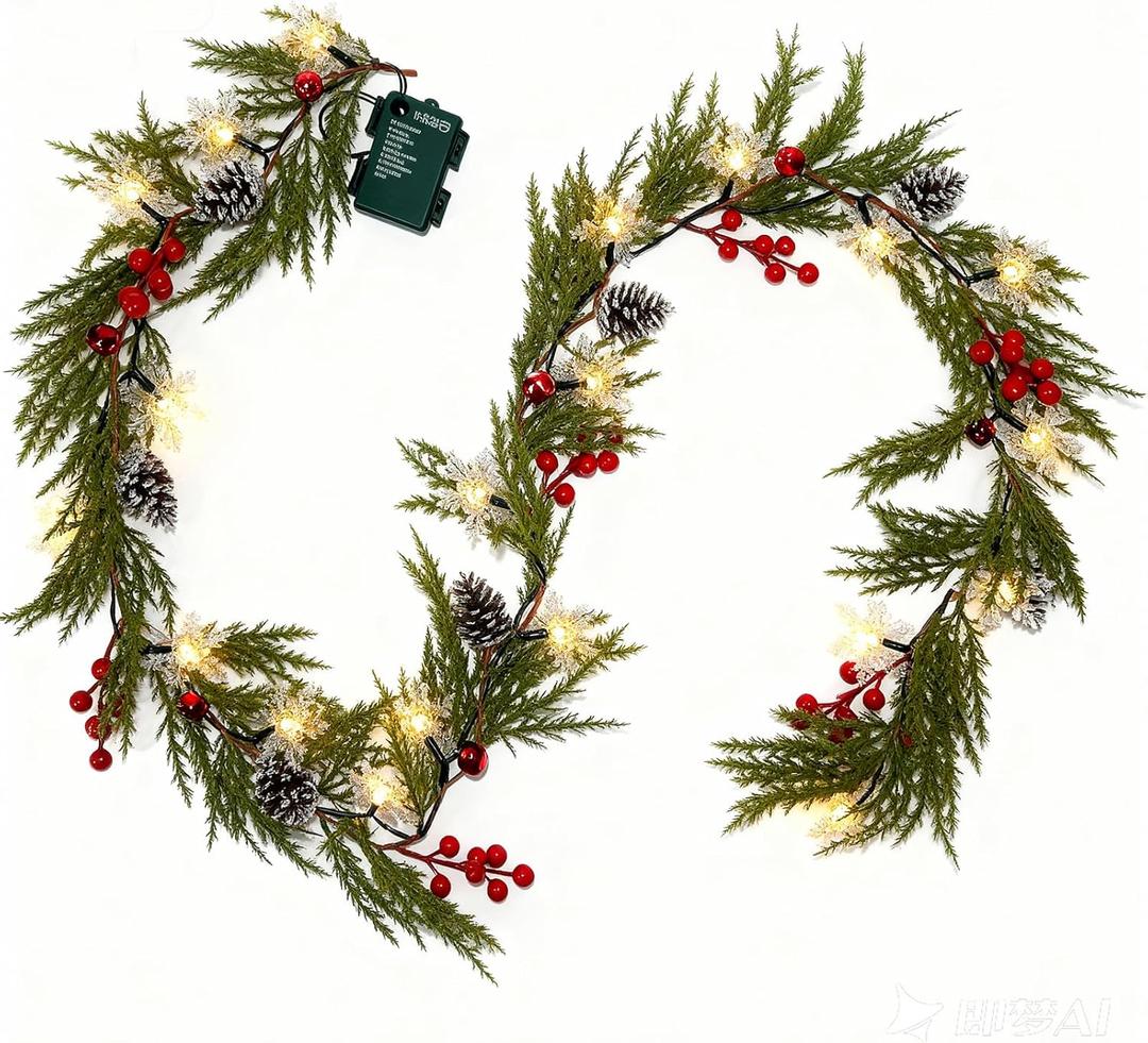 Christmas Garland Lights 6.56FT 20 Snow LED Pine Garland with Lights Battery Operated with Bells Red Berries Pinecones Cypress Greenery Garlands Decoration for Xmas Tree Mantle Door Stairs Home Decor
