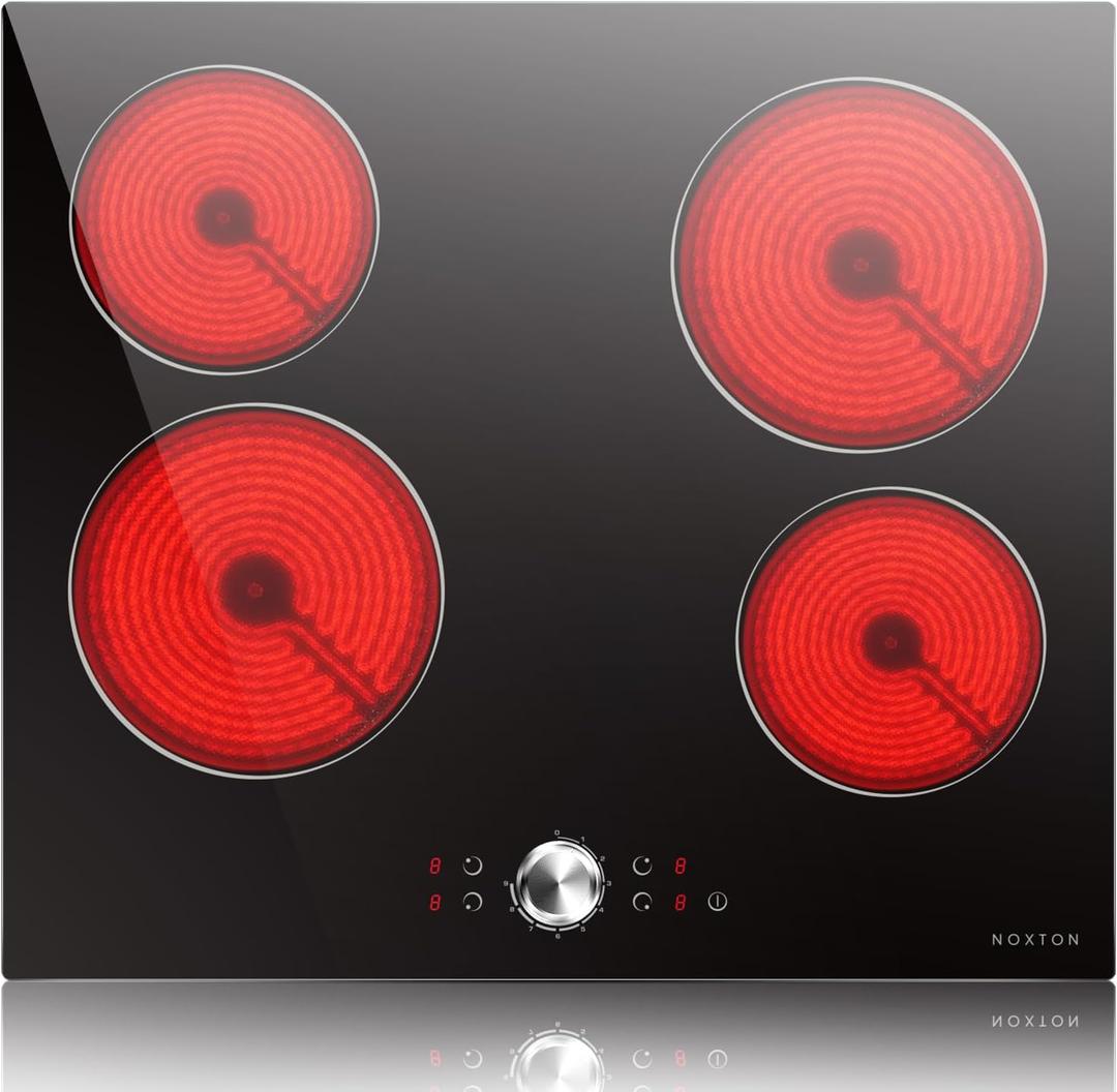 Noxton Electric Cooktop 24 Inch, Knob Control 4 Burners Electric Stovetop, Built-in Radiant Ceramic Stove, Residual Heat Indicator, Overheating protection, 6000W 220-240V Hard Wired (No Plug) Noxton Electric Cooktop 24 Inch, Knob Control 4 Burners Electric Stovetop, Built-in Radiant Ceramic Stove, Residual Heat Indicator, Overheating protection, 6000W 220-240V Hard Wired (No Plug)