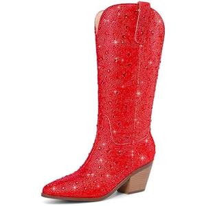RONILURN Cowgirl Ankle Boots Cowboy Boots for Women Western Booties Rhinestone Chunky Heel Fashion Comfortable Side Zipper 8.5