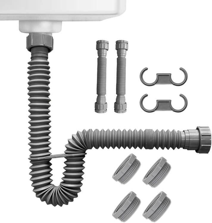 Flexible Sink Drain Pipe 1-1/2" Expandable Flexible P-Trap Sink Drain Pipe 11"-31" P Trap Tubing Pipe for Kitchen Sink Garbage Disposal Bathroom Sink 1-1/4" Adapter Included-Gray