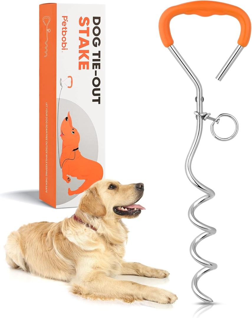 Petbobi Dog Tie Out Stake - 16 Heavy Duty Dog Anchor for Yard Camping, 9mm Solid Steel, Soft Grip Handle Spiral Stake with No Tangle Connect Ring for Small to Large Pets Up to 120lbs, Orange