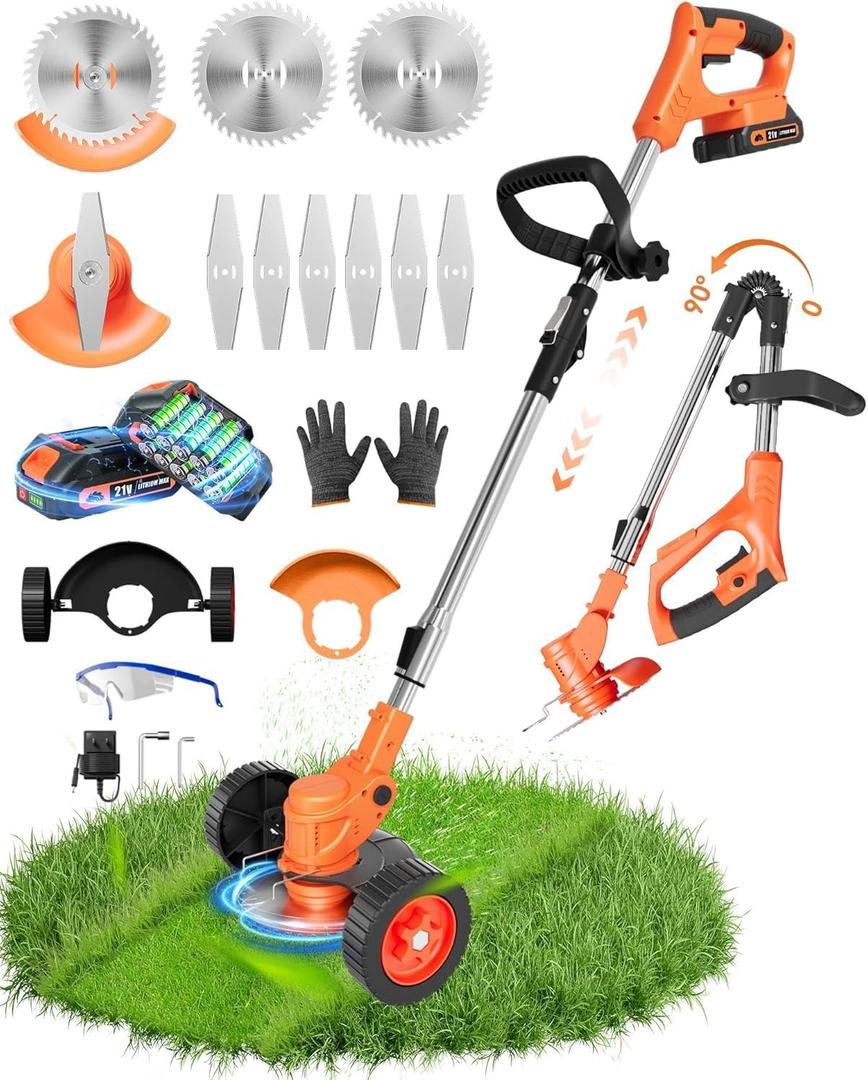 21V Cordless Weed Wacker, 2-in-1 Electric Weed Eater Battery Powered with Wheel and Blade, Stringless Grass Trimmer for Garden Yard, 90° Collapsible