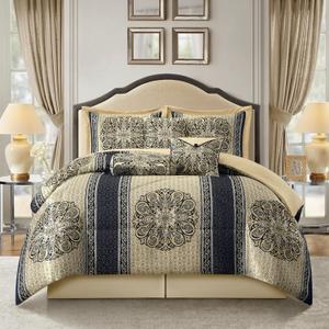 Stratford Park Medallion 7 Piece Navy Comforter Set, California King Size Jacquard Bedding, All Season Bedding Set, Bed Skirt, Pillows & Shams