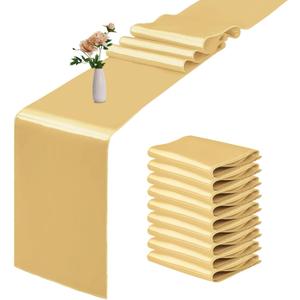 10 Pack Satin Table Runner 12 x 108 Inch Long Light Gold Smooth Silk Fabric Table Runner for Birthday Parties Wedding Banquets Decorations.