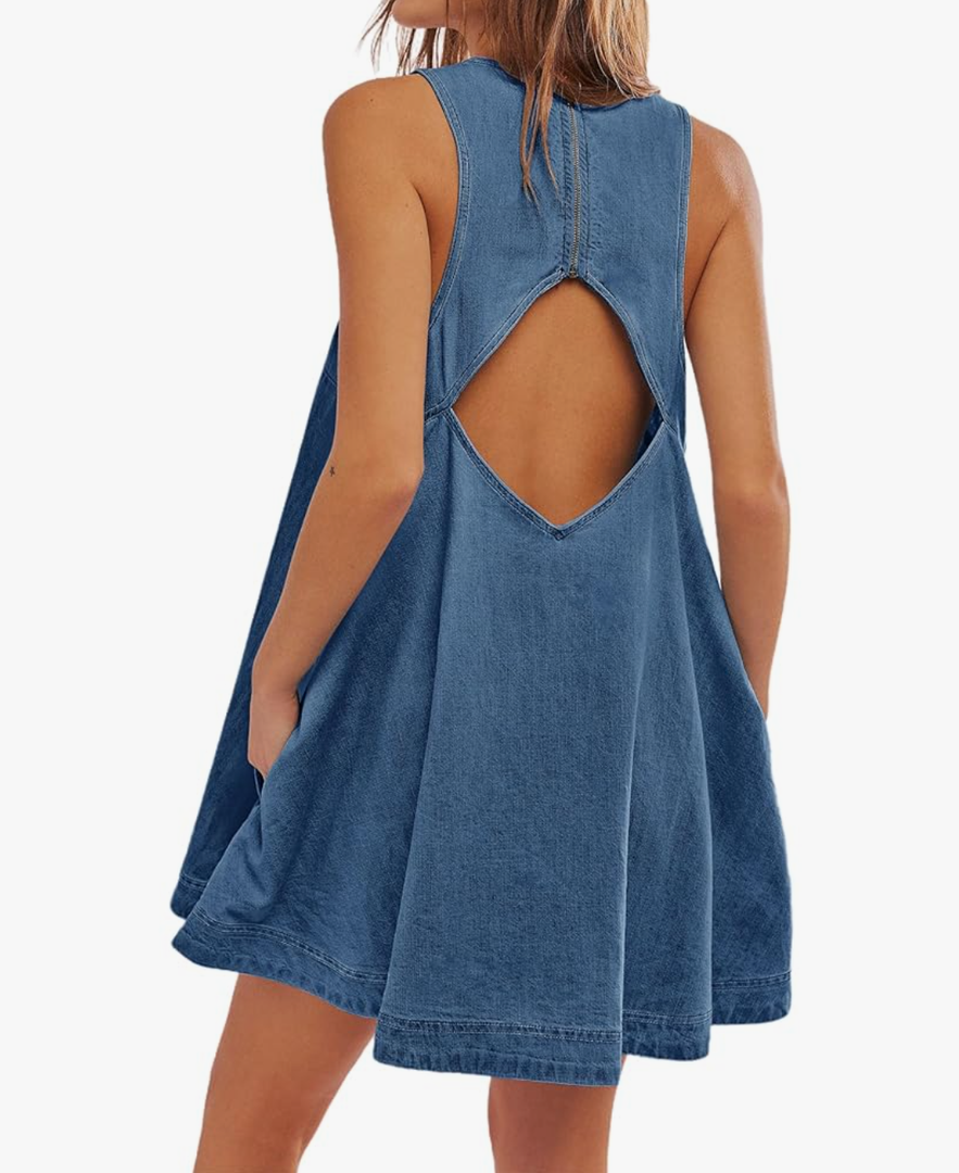 Women’s Denim Dress Summer Casual Sleeveless Jean Mini Dresses with Pockets Size S