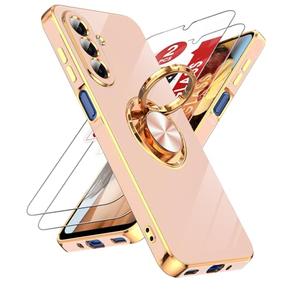 LeYi for Galaxy A17 5G Phone Case: 2 Pack Tempered Glass Screen Protector and 360° Rotatable Ring Holder Magnetic Kickstand, Plating Rose Gold Edge Protective for Galaxy A17 5G Case, Pink