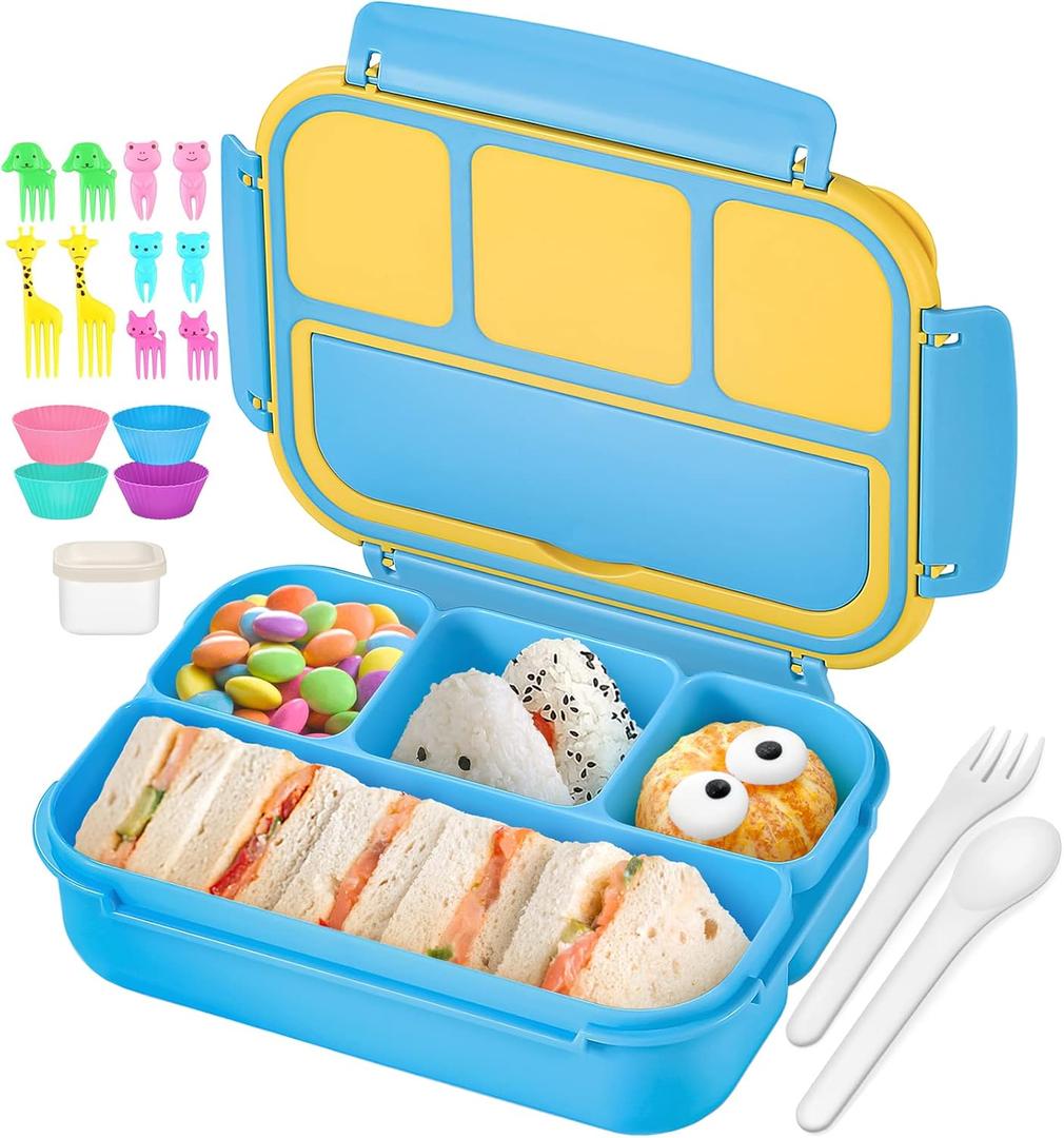 QQKO Bento Lunch Box for Kids Girls Boys, Toddler Kids Lunch Boxes for School, Lunch Containers for Adults with 4 Compartments, Sauce Container, Utensils, Food Picks and Muffin Cups, Blue
