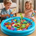 Magnetic Fishing Game Toys for Kids Toddlers 3-5 4-8, Water Table Bathtub Toys with Inflatable Pool Pole Rod Net Floating Fish, Water Bath Pool Outdoor Toys for Boys Girls Age 3 4 5 6 7 8 Year Old