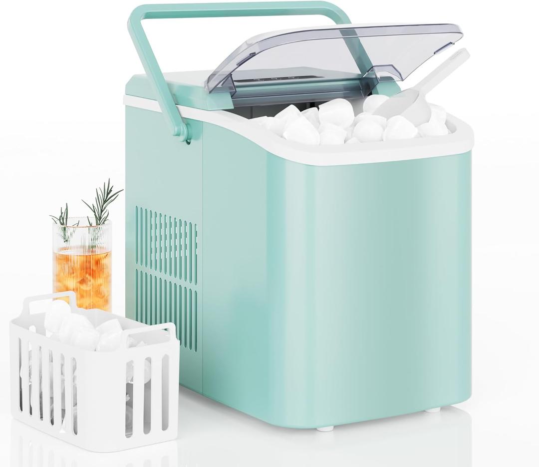 DUMOS Countertop Ice Maker with Handle, 26lbs/24H Portable Ice Machine, 9 Bullet Ice Cubes Ready in 6 Mins, Self-Cleaning, Quiet Compact Ice Maker for Home, Kitchen, RV, Camping, Green
