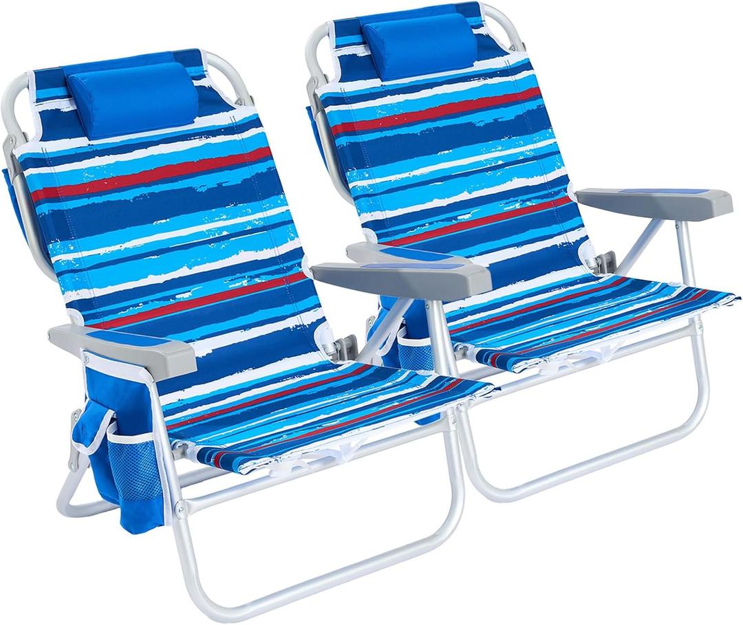 SUNNYFEEL Low Beach Chair 2 Pack, 5-Position Lay Flat Reclining, Backpack Portable Folding Chairs with Cooler Bag & Cup Holder, Heavy Duty 350 LBS, Compact for Beach, Camping, Travel, Blue Stripes