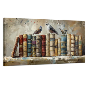 ChaudArt Vintage Canvas Wall Art Bird Painting Bookshelf Wallpaper Old Fashioned Bookcase Library Art Picture Poster Prints Farmed for Living Room Office Decor
, 40x20in