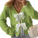 Cakulo Womens Bow Tie Sweater V Neck Cardigan Sweaters 2026 Lightweight Spring Fashion Knit Cardigans Outfits (Green, XL)