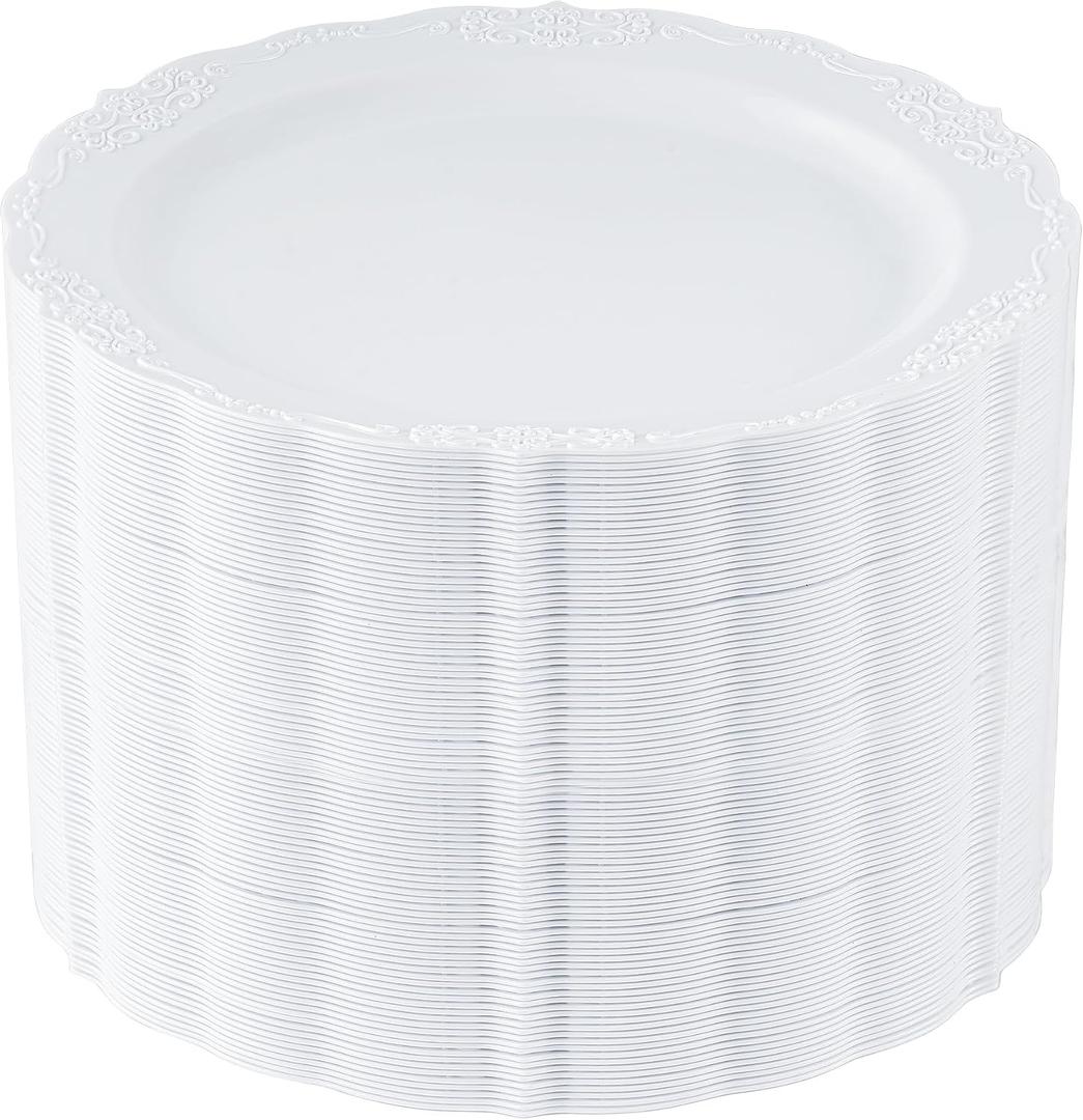 Upassion 100 Pieces White Plastic Plates - 10.25 inch White Dinner Disposable Plates - Premium Hard Disposable Dinner Plates - Party Supplies for Birthdays, Celebrations, Wedding and Events