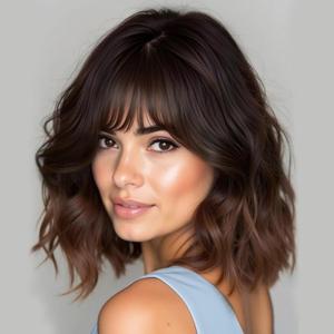 Lativ Dark Brown to Light Brown Wigs with Bangs Short Wavy Curly Wig for Women Shoulder Length 14 Inches Synthetic Resistant Hair for Daily Party Use