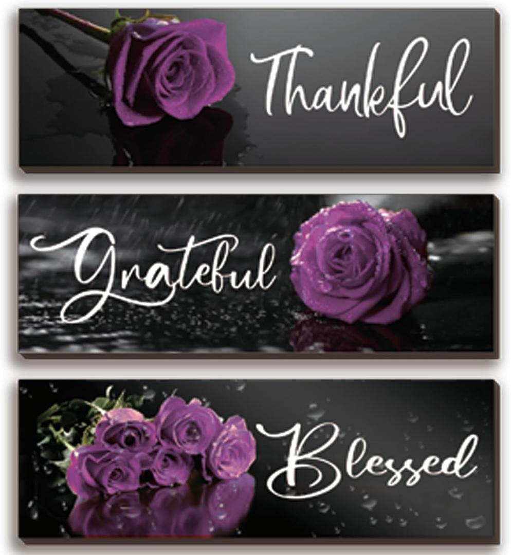 3 Pcs Purple Bathroom Decor Rose Wall Art Inspirational Flower Kitchen Sign Purple and Black Office Decor with Thankful Grateful Blessed Quotes for Women Bedroom(12x4 Inch)