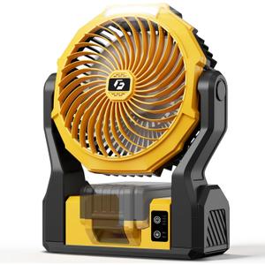 Battery Operated Fan for Dewalt 20V Max Battery, 5.7m/s High Speed Rechargeable Portable Fan with USB Powered & 4 Speed & 2 Light for Camping, Workshop, Garage, Jobsite (Not Included Battery) - Yellow