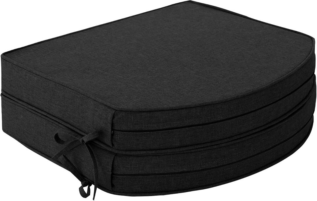 Outdoor Chair Cushions, Fade-Resistant & Water-Resistant, D Shaped Patio Furniture Seat Chair Pads Replacement with Ties, Non-Slip Bottom, Removable Cover, Set of 4, 17 x 16 Inch, Black, 17" x 16" 4 Pack