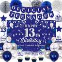 13th Birthday Decorations for Boys Girls, Blue Silver Official Teenager Party Decorations, Happy 13th Birthday Backdrop, Banner, Balloons, Pompoms, Hanging Swirls, Birthday Card, Cake Topper Set 54pcs