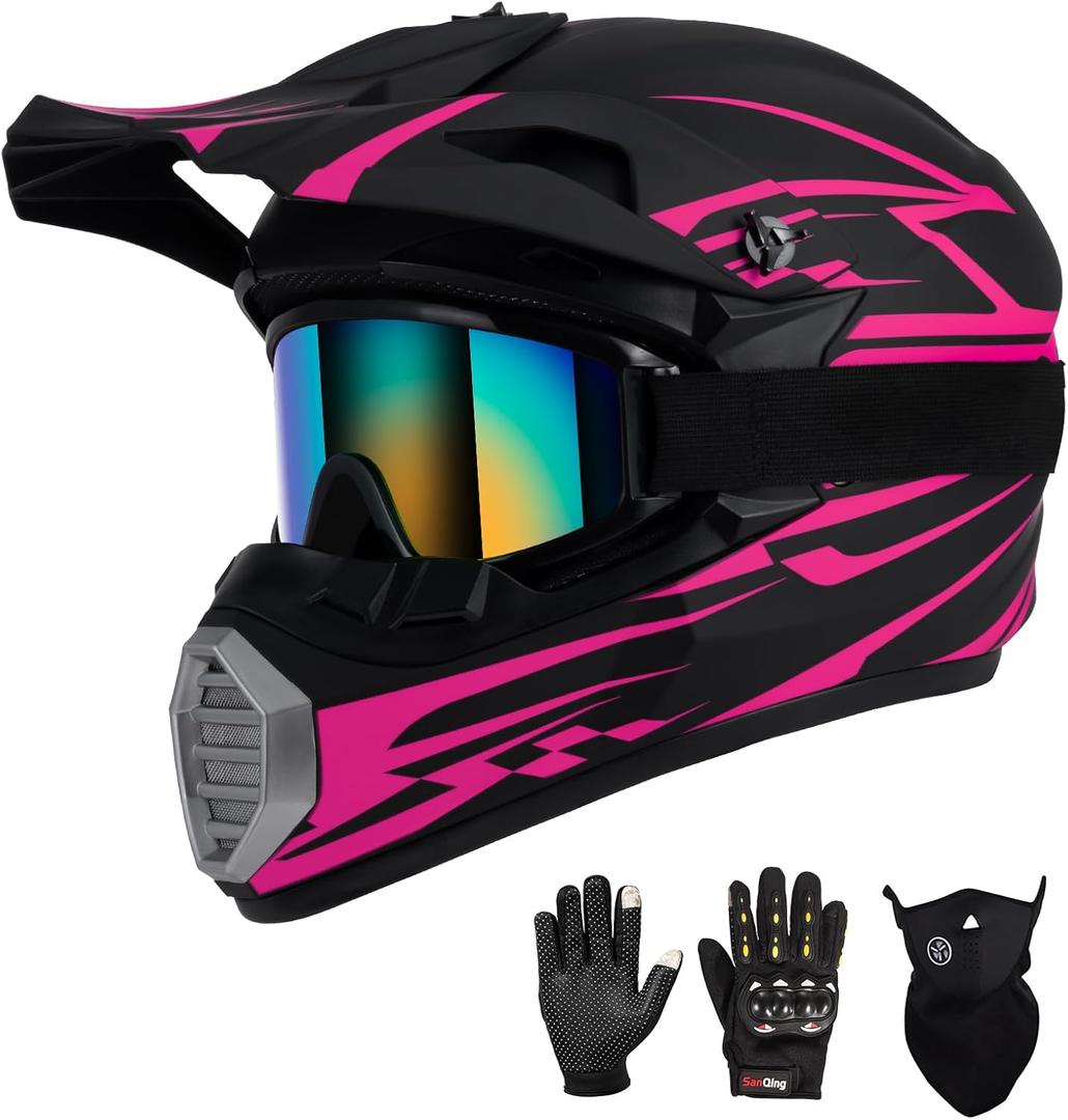 Youth Kids Motocross Helmet DOT Approved, Adult ATV Dirt Bike Off-Road Full Face Motorcycle Helmet with Goggles Gloves Mask for Boys Girls,Lightweight Breathable for Riding  (Small, Pink)