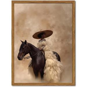 Western Cowgirl Riding Horse Wall Art Vintage Black Girl Rodeo Wall Decor Painting, African American Woman Southwest Poster Canvas Prints for Living Room Bedroom 12x16 inch Wood Framed