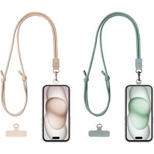 4 x EKAX 2 Pack Crossbody & Neck Phone Strap, Customizable Neck Strap with 0.5mm Removable Phone Tab, Hands-Free Holder for Phones, Earphones, Badges & Keys (Sand Beige+Morning Green)
