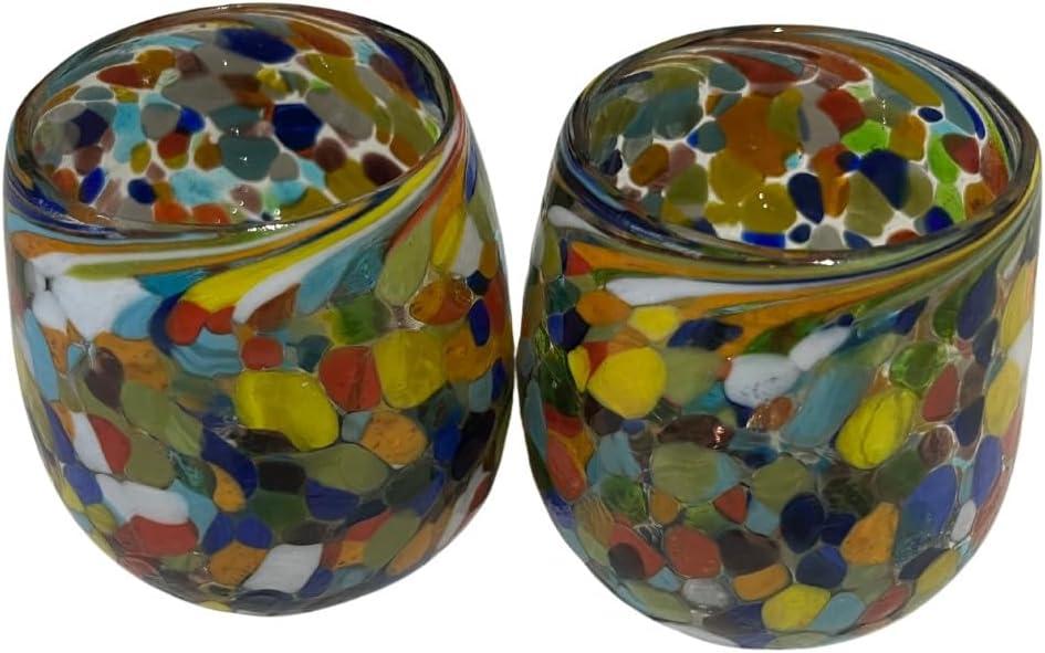 Artisanal Mexican Confetti Glass, Handblown 16 oz Tumbler Glasses  4"x4" Multicolor Granizado Design  Versatile Drinkware for Wine, Cocktails, Water, and More (2, Smooth)