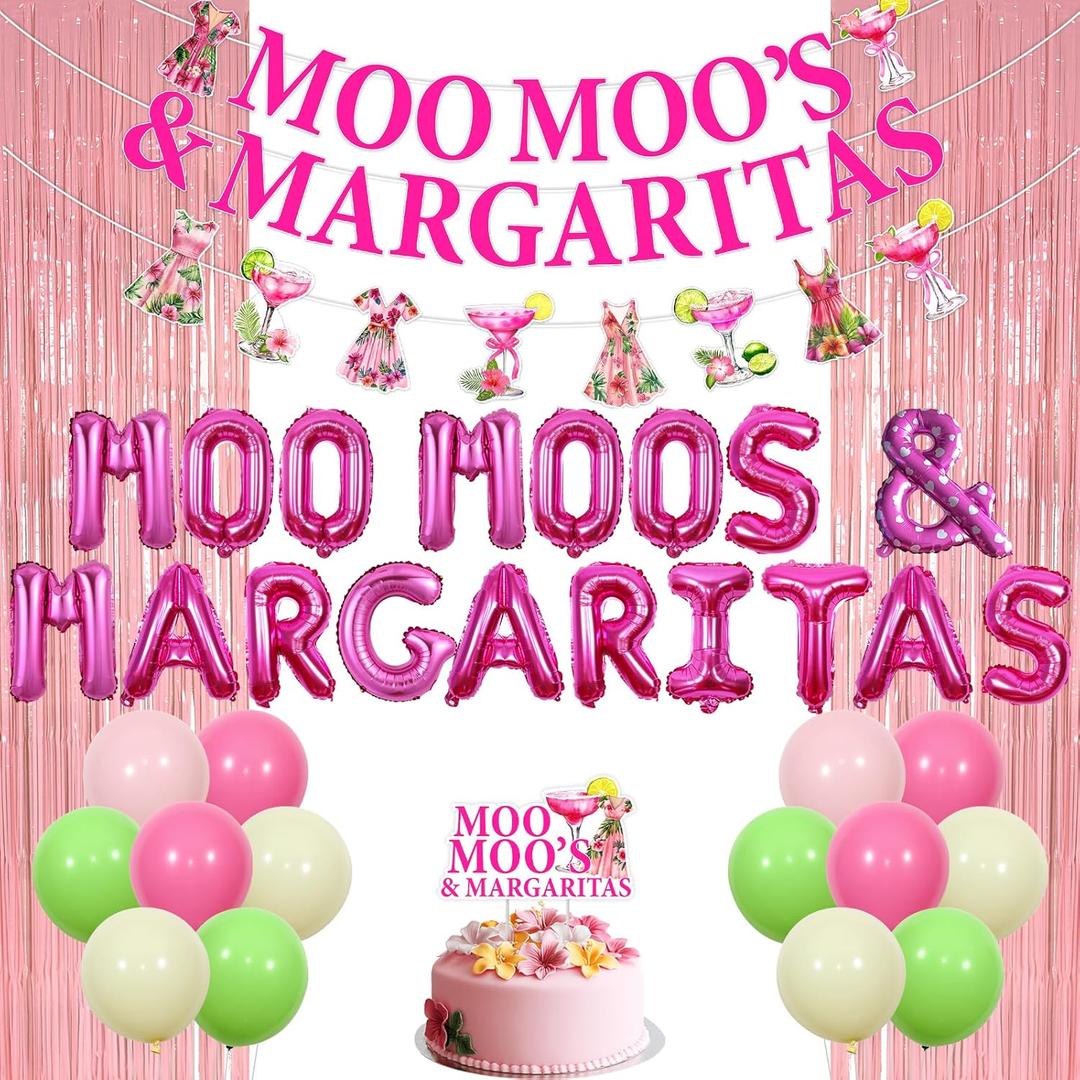 Funmemoir Margaritas Birthday Party Decorations for Women - Moo Moos and Margaritas Banner, Garland, Cake Toppers, Foil Fringe, Balloons for Pink Cocktail Theme Birthday Party Bridal Shower