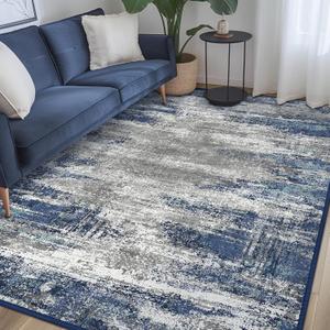 Bavni 8x10 Area Rugs, Abstract Modern Living Room Rugs, Large Machine Washable Rug Non-Slip, Soft Pet Friendly Rugs for Bedroom, Playroom, Dining Room, Indoor, Blue/Ivory