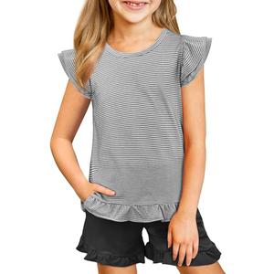 Yousify Girls 2 Piece Short Sets Kids Summer Outfit Flutter Sleeve Shirts Ruffle Short Sleeve Top and Shorts with Pocket (13-14 Years, Black)