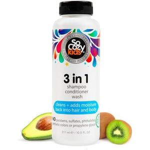 SoCozy 3-in-1 Kids Shampoo + Conditioner + Body Wash (10.5 Fl Oz) Gentle, Hydrating Hair & Body Cleanser with Keratin, Vitamin B5, & Kiwi Extract, Paraben & Sulfate-Free 3Pcs