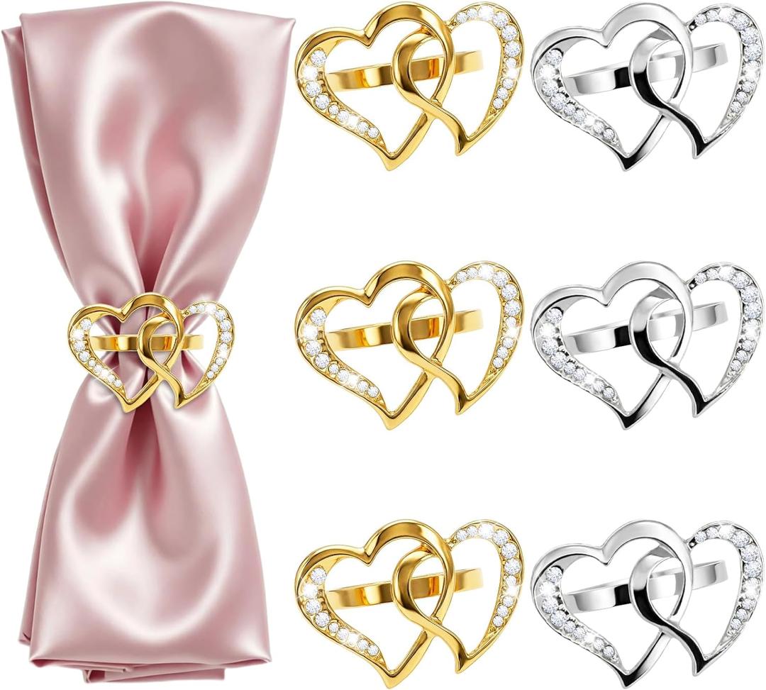 6 Pack Heart Napkin Rings, Valentine's Day Napkin Holders with Gold & Silver Double Heart Ring Clasps for Wedding, Anniversary, Romantic Dinner Table Decorations