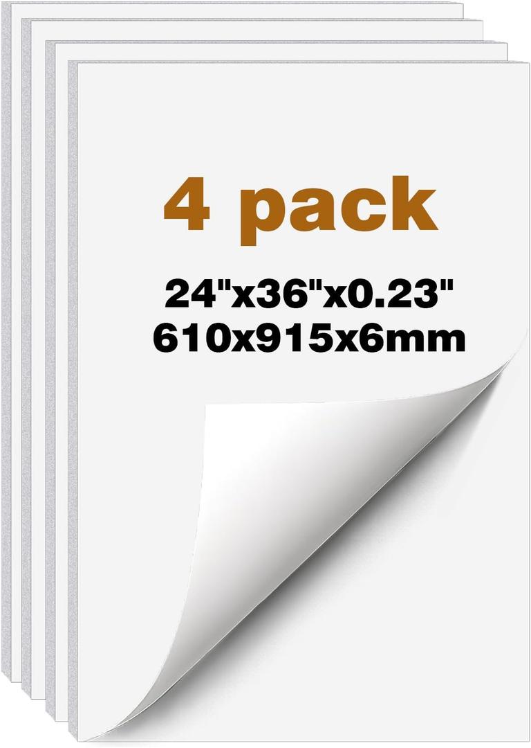 Self Adhesive 24x36 Foam Board 4 Pack, 0.23 Inch Thick Foam Core Board, Large Free Mounting Poster Boards for Projects, Display Boards for Crafts, Paintings Prints, Art, Presentation, White