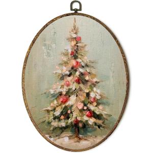 Lengues Christmas Tree Winter Oval Wall Art Decor, Christmas Gifts Oval Wall Decor, Vintage Winter Canvas Framed Art Prints, Holiday Xmas Tree Hanging Frame for Home Room 8.5x11.5 Inch