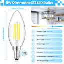 GGOYING E12 Candelabra LED Bulb 60W Equivalent, 600LM Dimmable Chandelier Light Bulbs, 5000K Daylight White, 85+ CRI Candle Base Clear Filament Bulbs, 4-Pack