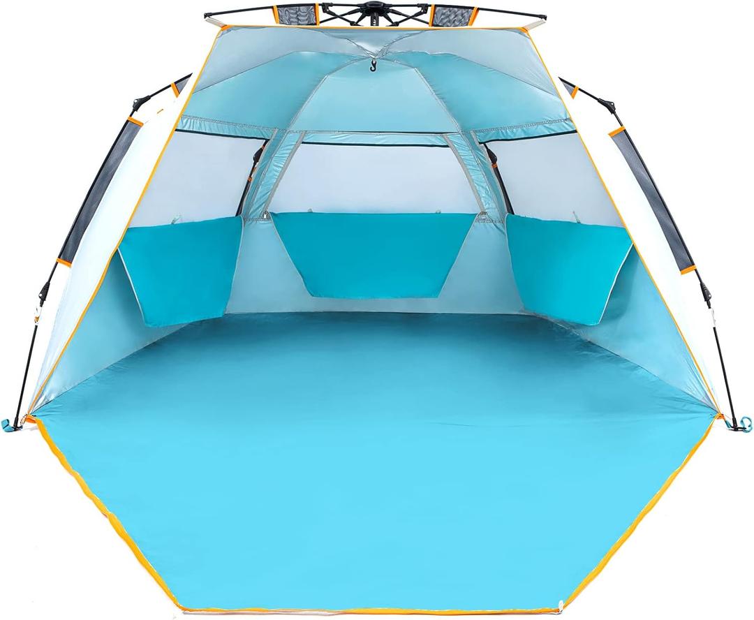 WolfWise 3-4 Person Easy Up Beach Tent UPF 50+ Portable Instant Sun Shelter Canopy Umbrella with Extended Zippered Porch, Blue